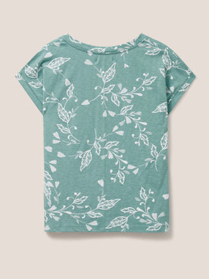 White Stuff Nelly Teal Print Notch Neck Tee