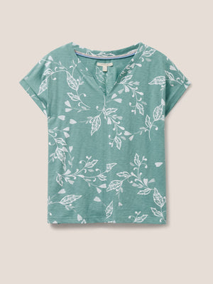 White Stuff Nelly Teal Print Notch Neck Tee