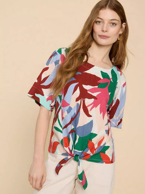 White Stuff Sara tie Hem Top White Print