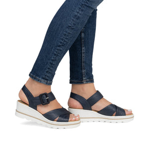 Rieker 67463-14 Navy Womens Casual Comfort Faux Buckle Touch Fastening Wedge Sandals