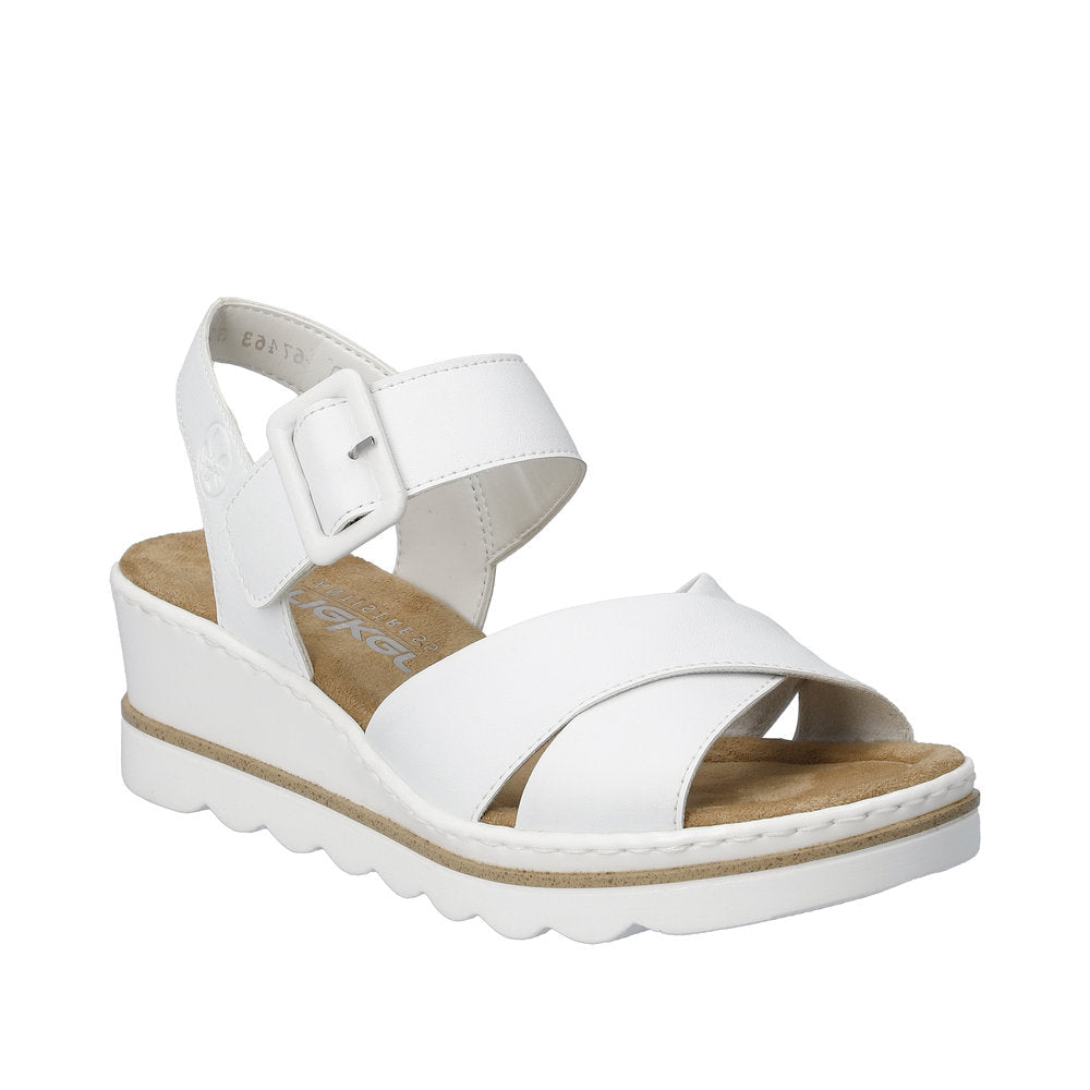 Rieker 67463-80 White Womens Casual Comfort Faux Buckle Touch Fastening Slingback Wedge Sandals