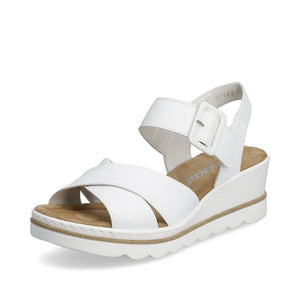 Rieker 67463-80 White Womens Casual Comfort Faux Buckle Touch Fastening Slingback Wedge Sandals