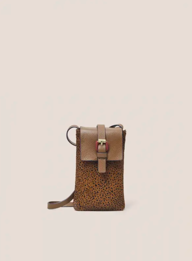 White Stuff Clara Buckle Leather Tan Print Phone Bag