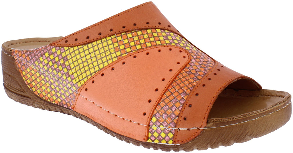 Adesso Lisa Orange Picnic Womens Slip On Low Heel Leather Mules Sandals