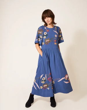 White Stuff Pippa Blue Multi Embroidered Midi Dress