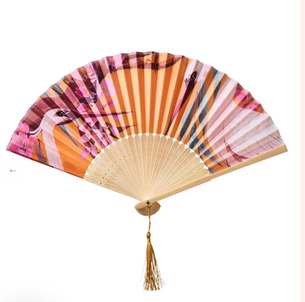 Powder Oriental Crane  Satin Hand Fan