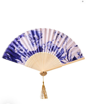 Powder China Blue Blooms  Satin Hand Fan