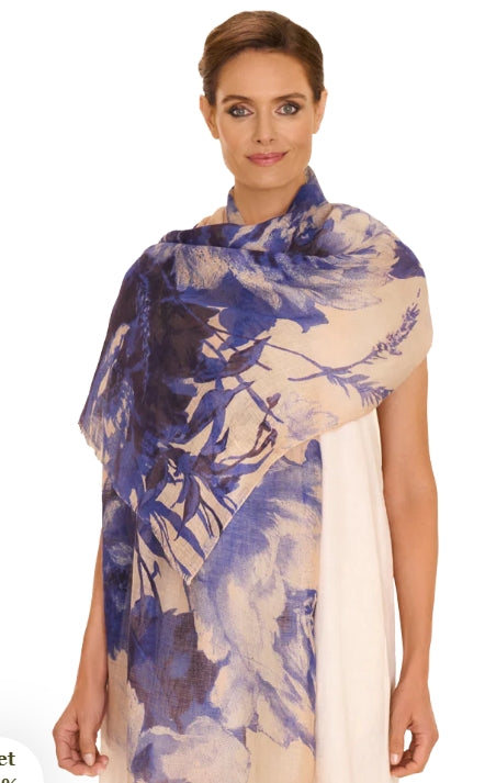 Powder China Blue Blooms Linen/Cotton Mix Scarf