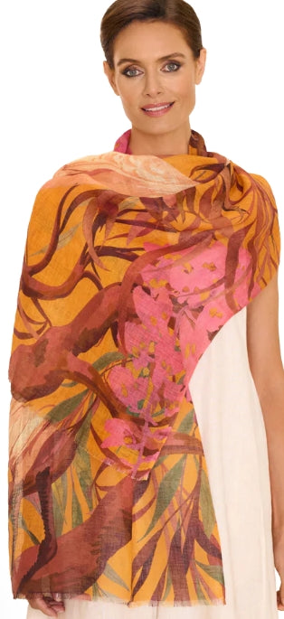 Powder Oriental Crane Linen/Cotton Mix Scarf