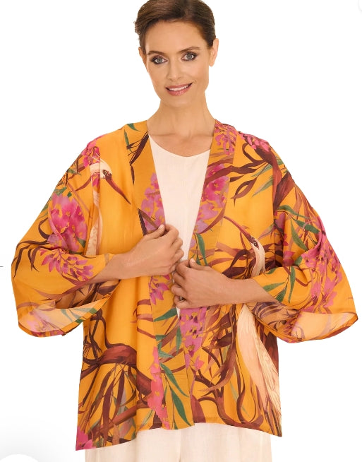 Powder Oriental Crane Kimono Jacket Ochre