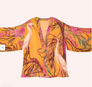 Powder Oriental Crane Kimono Jacket Ochre