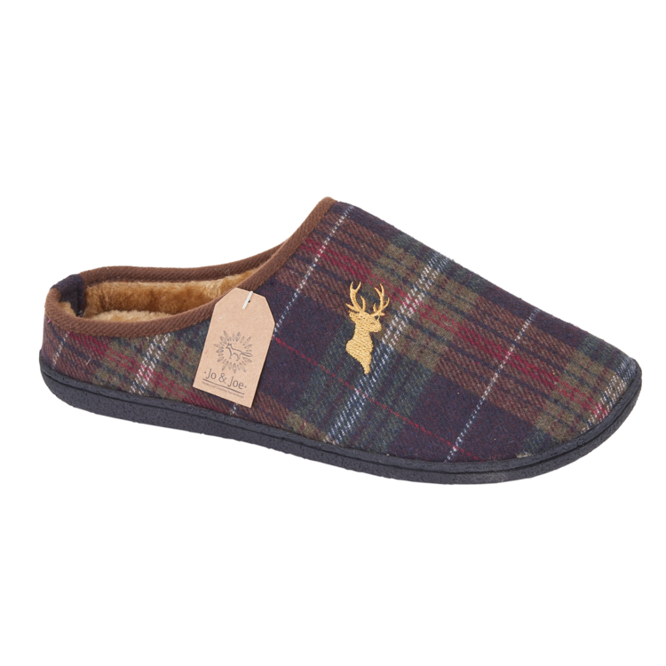 Jo & Joe Wharfedale Brown Checked Mens Stag Motif Slippers