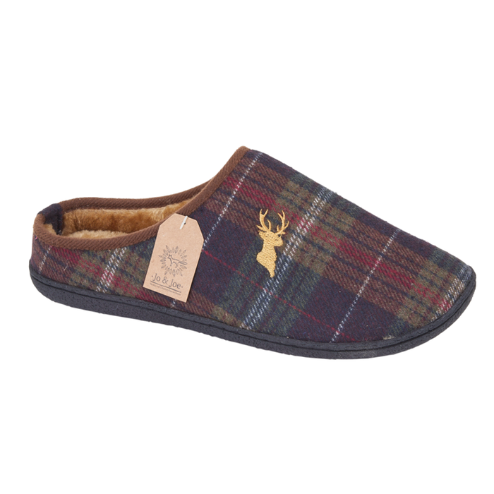 Jo & Joe Wharfedale Brown Checked Mens Stag Motif Slippers