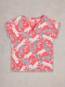 White Stuff Nelly Notch Neck Tee Coral Print