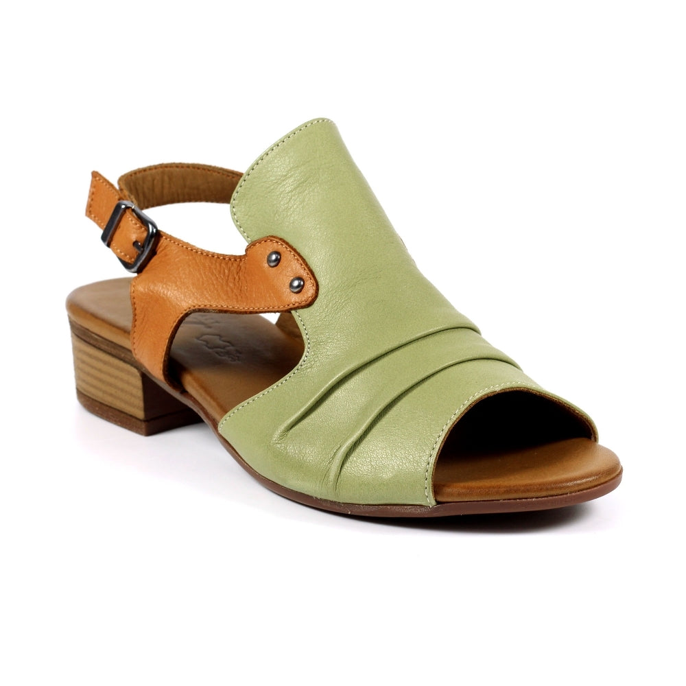 Lunar JLD102 Jaden Khaki Womens Peep Toe Pleated Leather Upper Block Heel Sandals