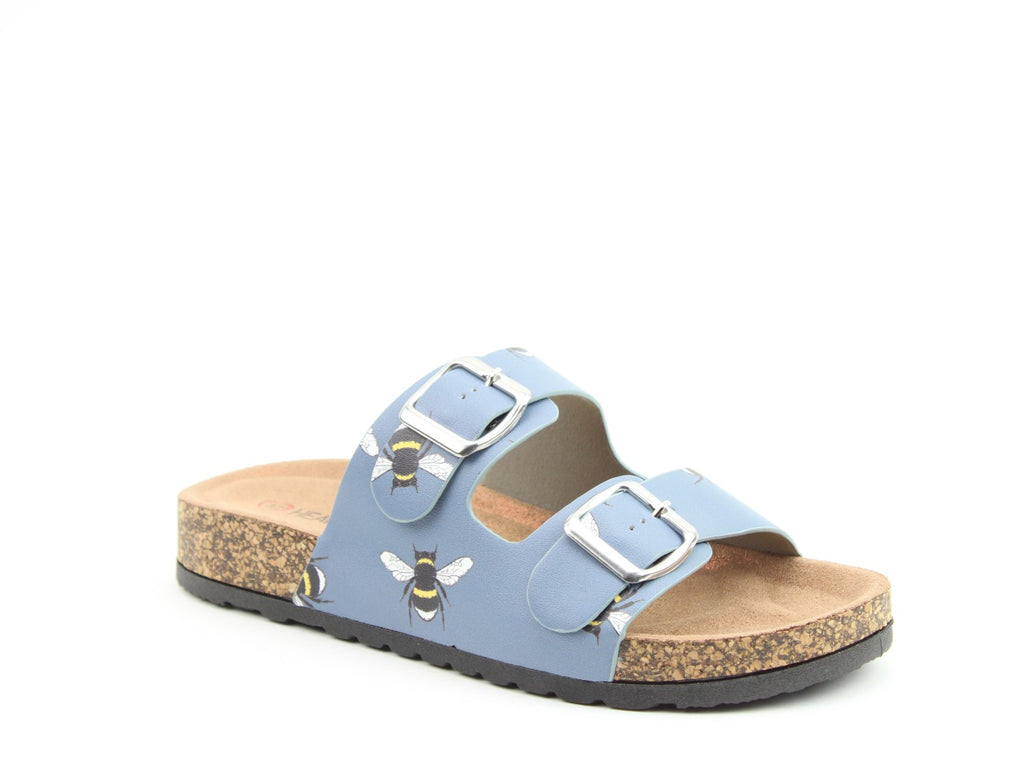 Heavenly Feet Harmony Bee Denim  Womens Casual Comfort Slip On Slider Twin Buckle Fastening Sandals